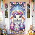 thumbnail image 1 of YaoZQ Happy Easter Door Banner, Cute Bunny Face with Flower Crown and Painted Eggs on Starry Background, Spring Party Decor, Purple, 35 x 71 in, 1 of 7