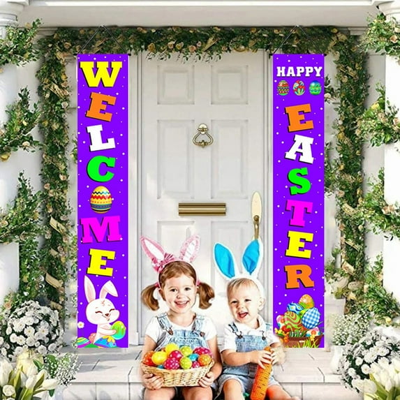 YaoZQ Happy Easter Porch Sign Hanging Banner, 1 Pack, Vertical Welcome Flag for Front Door, Outdoor Spring Festival Party Decoration, Farmhouse Home Yard Wall Decor, 11.8 x 70.9 Inch