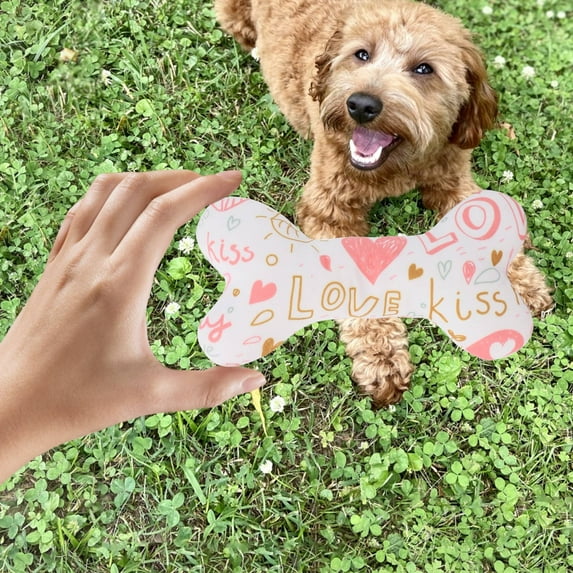 YaoZQ I Love You Dog Bone Toy, Red Heart Pattern Squeaky Plush, Soft Stuffed Animal for Puppy Boredom Relief and Holiday Gift, 8.7 inch, White