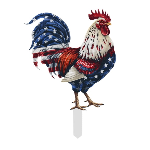 YaoZQ Independence Day Garden Statue, Acrylic Rooster Stake Patriotic Outdoor Ornament for Holiday Party, 10 inch