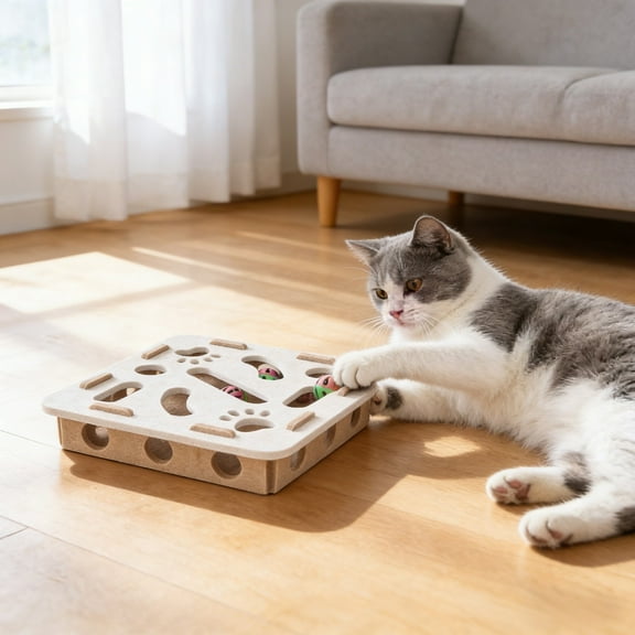 YaoZQ Interactive Cat Puzzle Box, Hide and Seek Felt Toy with 3 Balls, Mental Stimulation Hunting Game for Indoor Cats, 11.8 in, White