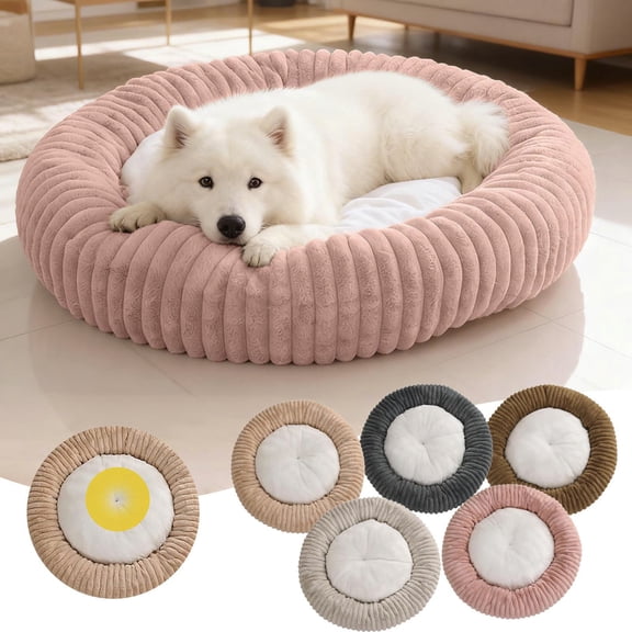 YaoZQ Khaki Striped Velvet Cat Bed, 15.7 in Cozy Insulated Winter Cave Rug for Pets, Washable Fluffy Sleeping Cushion for Cold Weather Indoor Home