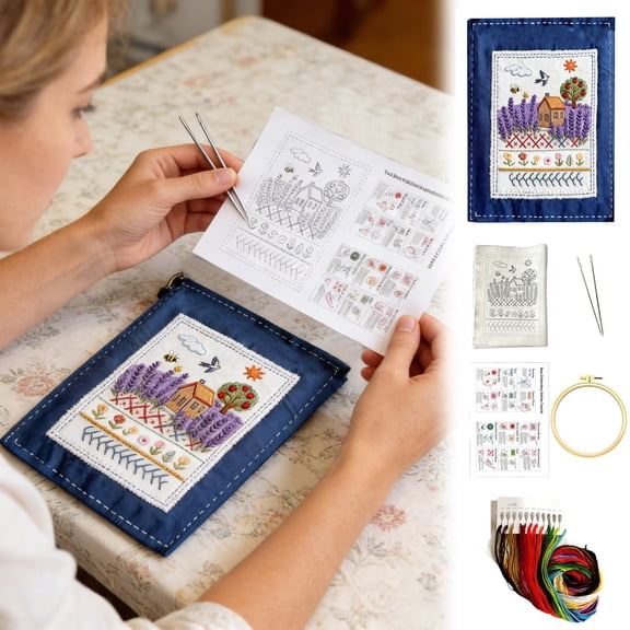 YaoZQ Large Embroidery Practice Book, 17.7 in Blue Felt Needlework Teaching Aid, DIY Hand Sewing Stitch Tutorial Kit for Beginners Pattern