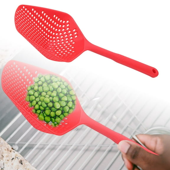 YaoZQ Large Kitchen Colander Scoop Red Food Strainer Spoon Long Handle Pasta Drainer Heat Resistant Vegetable Skimmer Gadget 13.6 inch