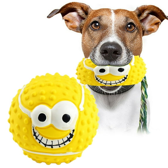 YaoZQ Latex Squeaky Dog Toy, Funny Face Ball, Soft Natural Rubber Fetch Toy for Puppies and Small Medium Dogs, 3.14 inch, Yellow