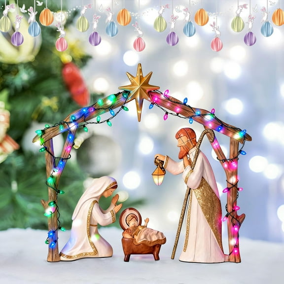 YaoZQ Lighted Easter Nativity Scene, 2D Acrylic Jesus Birth Stable Ornament with LEDs, Religious Christian Decor for Home Garden Yard, White, 12 x 12 in