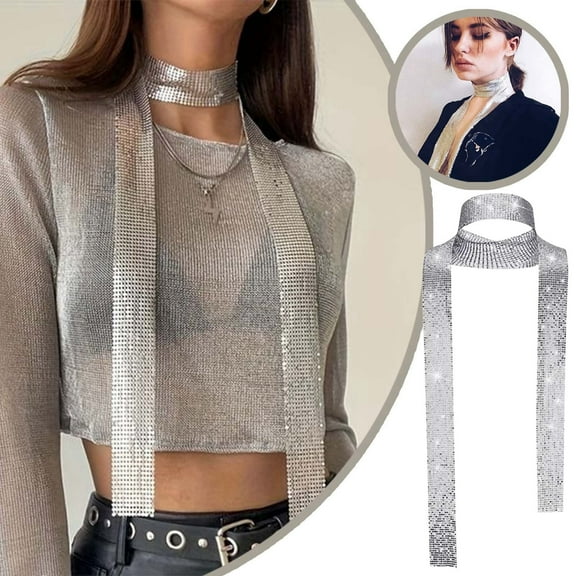 YaoZQ Metallic Sequin Tassel Scarf Necklace, 1 Pack, Shiny Rhinestone Chain Choker, Layering Neck Accessory for NYE Party, Versatile Clubbing Shawl Gift for Women Silver, 3.1 Inch