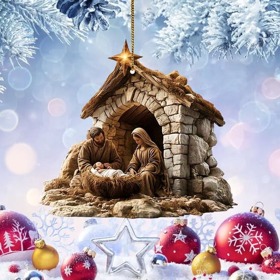 YaoZQ Nativity Scene Christmas Ornament, Holy Family in Manger 2D Acrylic Pendant, Jesus Birth Religious Tree Decoration, 3.54x3.15 inch