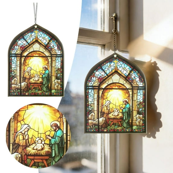 YaoZQ Nativity Scene Suncatcher Window Hanging, Stained Glass Acrylic Religious Ornament for Christmas Decor, Gold, 5.91 inch