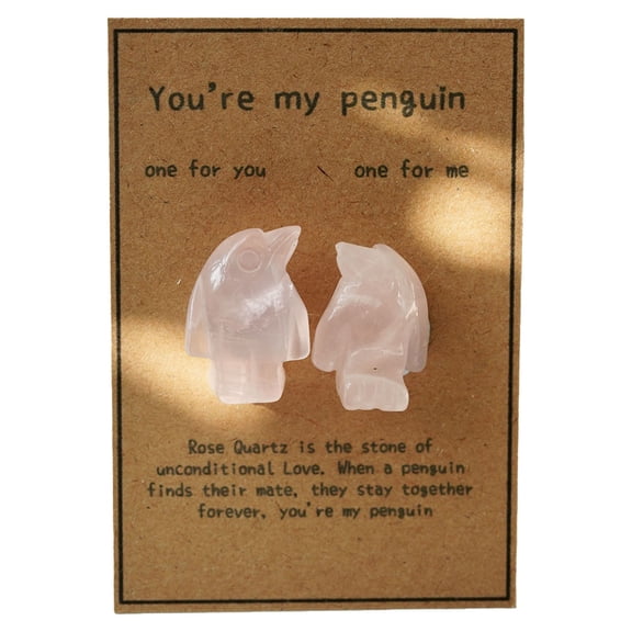 YaoZQ Pink Penguin Gift, 1.1 in Romantic Rose Quartz Animal Figurine, Be My Penguin Valentine Love Token for Girlfriend Wife