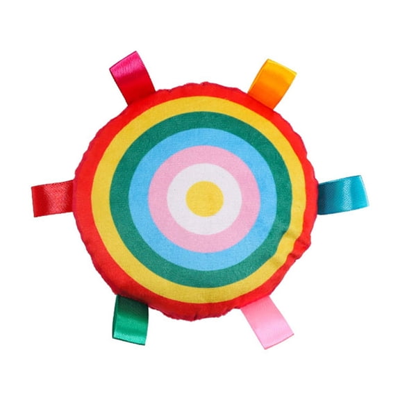 YaoZQ Rainbow Pet Chew Toy, Round Plush Stuffed Disc with Taggy Ribbons, Washable Soft Fetch Toy for Anxiety Relief, 8.3 inch, Multicolor