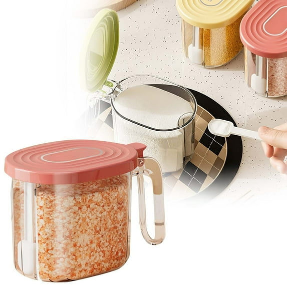 YaoZQ Red Airtight Seasoning Box with Spoon Handle Plastic Spice Container Moisture Proof Storage Jar for Salt Sugar Kitchen Pantry Organizer 5.1 inch