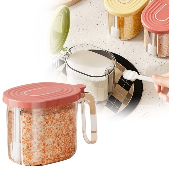 YaoZQ Red Airtight Seasoning Box with Spoon Handle Plastic Spice Container Moisture Proof Storage Jar for Salt Sugar Kitchen Pantry Organizer 5.1 inch