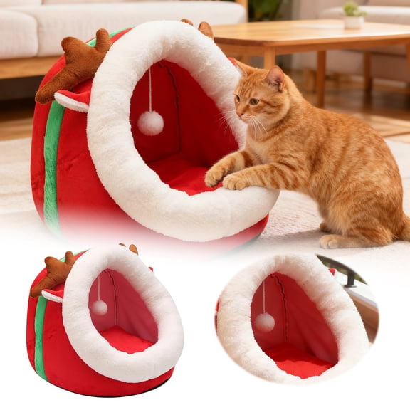 YaoZQ Red Christmas Cat Bed House, 13.8 in Festive Holiday Cave for Kittens Gift, Soft Warm Winter Sleeping Igloo Tent for Small Dogs Photo Prop