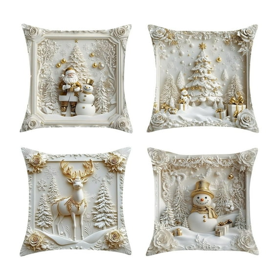 YaoZQ Set of 4 White and Gold Christmas Pillow Covers,3D Plush Flannel,18x18 Inch,Decorative Throw Cushion Case for Couch Sofa Winter Holiday Decor