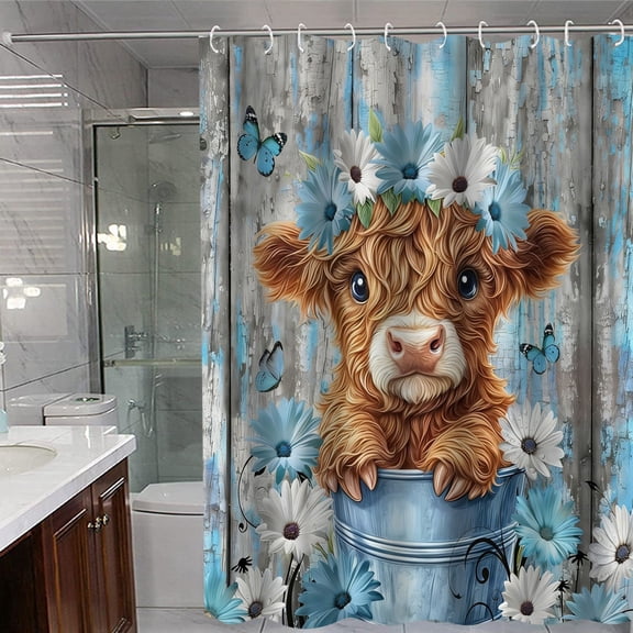 YaoZQ Shower Curtain, Western Cow Shower Curtain Farmhouse Cattle Animal Floral Print Bathroom Decor Waterproof Fabric Set with Hooks Style A 71 inch