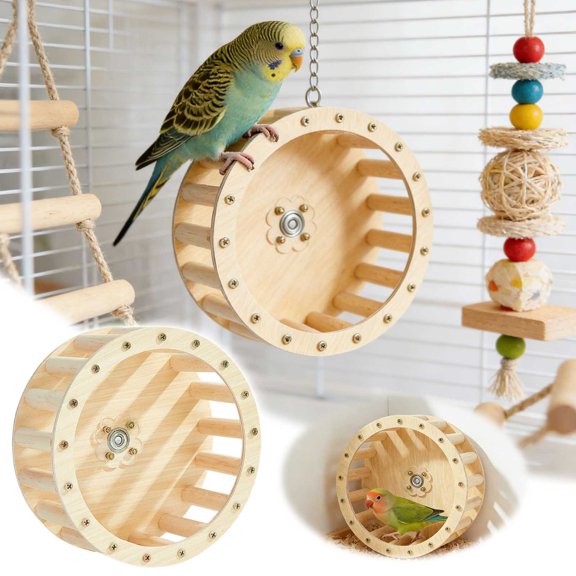 YaoZQ Small Bird Exercise Wheel Natural Wood Running Toy for Parrots Hamsters Activity Gym Cage Accessory for Physical Health Beige 7 Inch