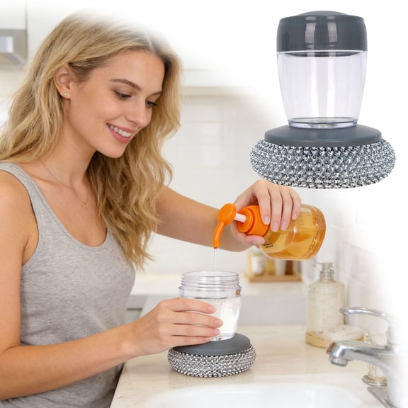 YaoZQ Soap Dispensing Palm Brush with Steel Wire Scrubber Heavy Duty Dish Wand for Cast Iron Pans Grills Kitchen Sink Cleaning Tool Rust Remover