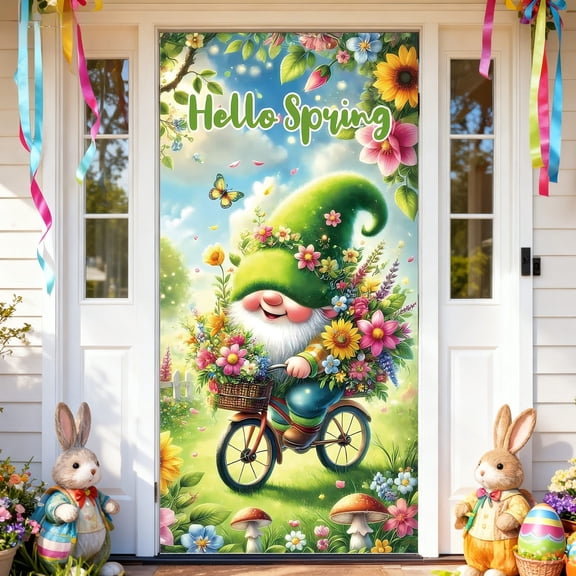 YaoZQ Spring Door Cover, Garden Elf Riding Bicycle with Flowers Banner, Hello Spring Front Door Entryway Decoration, Green, 35 x 71 in
