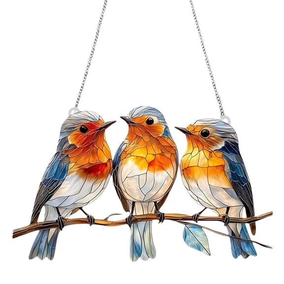 YaoZQ Stained Glass Style Window Hanging, 3 Birds on Branch Suncatcher, Acrylic Art Ornament for Home Kitchen Balcony Decor, White, 5.91 x 3.54 in