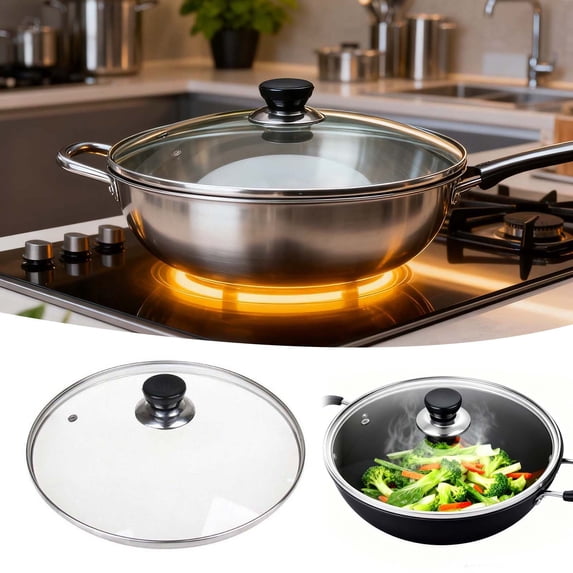 YaoZQ Universal Glass Pot Lid, Heat Resistant Pan Cover with Steam Vent, Stainless Steel Rim Replacement, White Knob, 8.3 inch