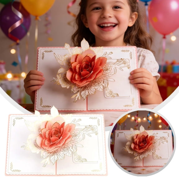 YaoZQ Valentines Day Card, Rotating Rose 3D Greeting Card, 8.3 in Pop Up Flower Bouquet Gift, Romantic Paper Art Note for Girlfriend Mother's Day Birthday, Valentines Day Cards for Kids School