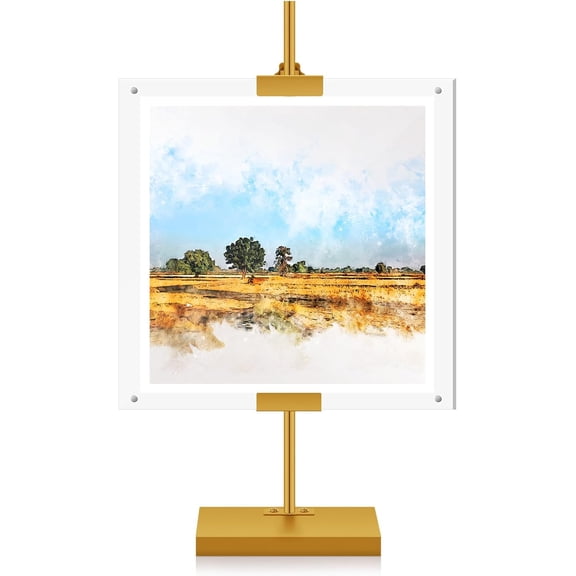 Yaocom Adjustable Metal Easel Stand with Acrylic Floating Photo Frame 16.5" Tabletop for Display, Poster or Signs Floor Heavy Duty Weeding Home Exhibition Restaurant(Gold)