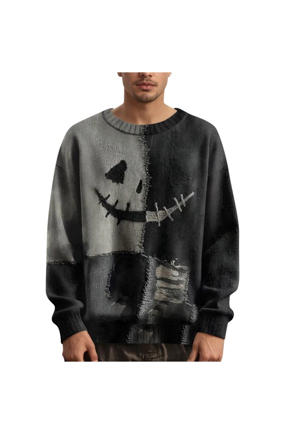 Unisex Halloween Knit Sweater, Crewneck Cozy Pullover with Spooky Face & Pumpkin Graphics, Durable Polyester Contrast Stitched Long Sleeve Top for Men & Women, Machine Washible(S-XXL)
