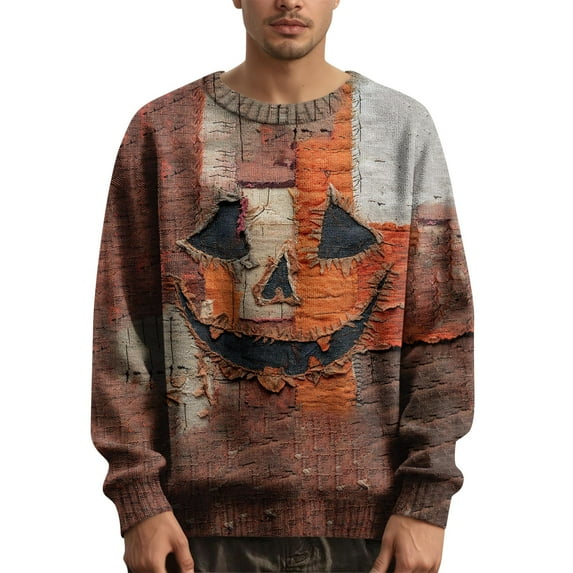 YaoliuBa Unisex Halloween Knit Sweater, Crewneck Cozy Pullover with Spooky Face & Pumpkin Graphics, Durable Polyester Contrast Stitched Long Sleeve Top for Men & Women, Machine Washible(S-XXL)