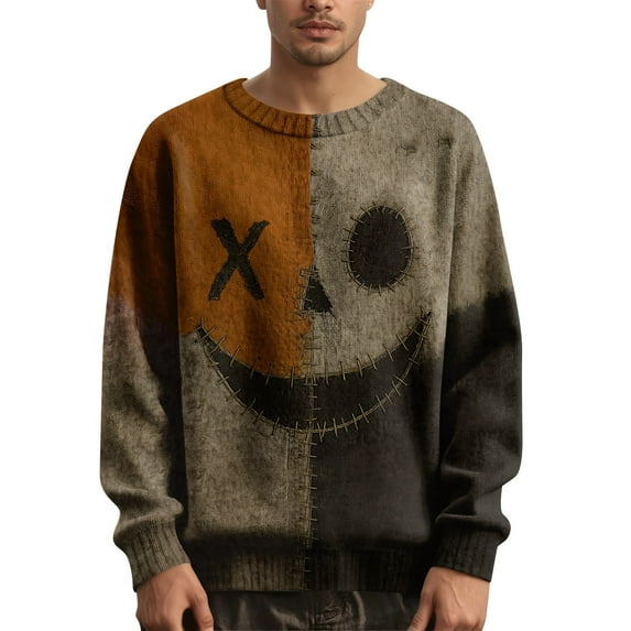 YaoliuBa Unisex Halloween Knit Sweater, Crewneck Cozy Pullover with Spooky Face & Pumpkin Graphics, Durable Polyester Contrast Stitched Long Sleeve Top for Men & Women, Machine Washible(S-XXL)