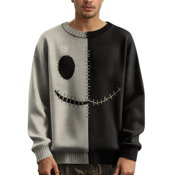 YaoliuBa Unisex Halloween Knit Sweater, Crewneck Cozy Pullover with Spooky Face & Pumpkin Graphics, Durable Polyester Contrast Stitched Long Sleeve Top for Men & Women, Machine Washible(S-XXL)