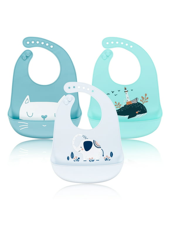 Yaoping 3 Pack Silicone Baby Bibs, Soft Silicone Feeding Bibs with Food Catcher Pocket, Waterproof, BPA Free