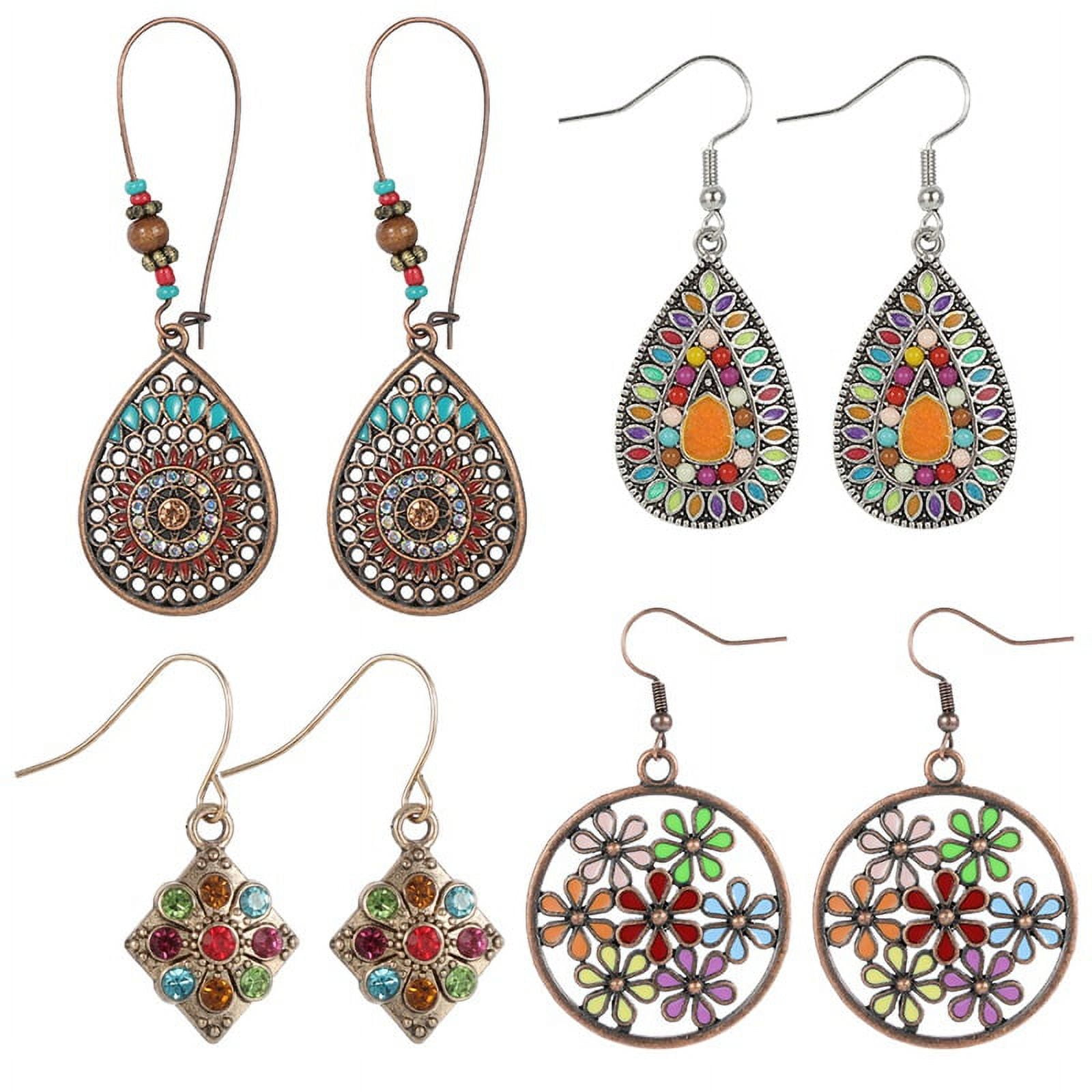 LICILICI Yaoping 4 Pairs Bohemian Vintage Drop Dangle Earrings Boho Earrings Set Statement Earrings National Style Alloy Long Boho Dangle Earrings for Women Girls