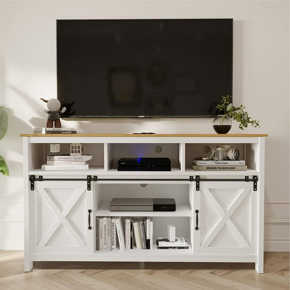 Yaoping Farmhouse Barn Door TV Cabinet Up to 65" TV Media Console with Open Shelves Adjustable Storage, Entertainment Center with Power Outlets(White)