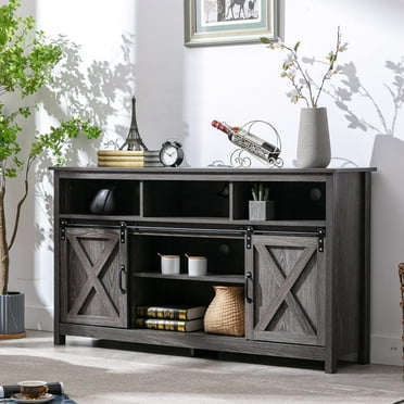 Yaoping Farmhouse Barn Door TV Cabinet Up to 65" TV Media Console with Open Shelves Adjustable Storage, Entertainment Center with Power Outlets(Grey)