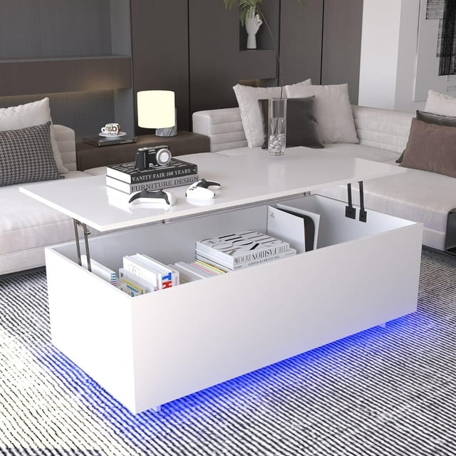 Yaoping High Gloss Lift Top Coffee Table, Led Coffee Table with Storage Shelf and Hidden