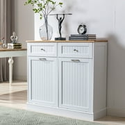 Yaoping Kitchen Double Trash Cabinet Tilt Out Free Standing Storage Can, Wood Garbage Recycling Station Hideaway Trash Holder Drawers(White-2)