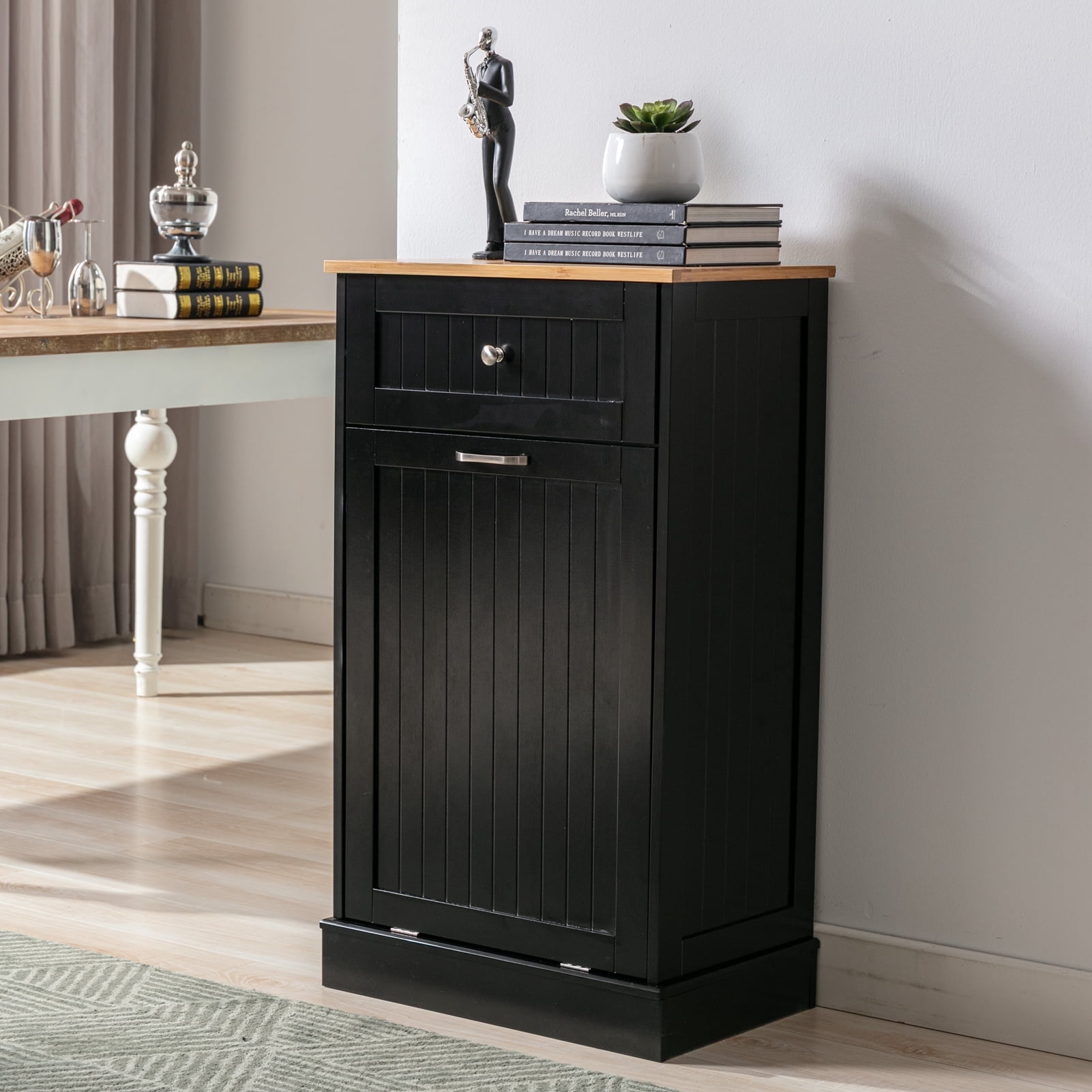 Yaoping Kitchen Trash Cabinet Tilt Out Free Standing Storage Can, Wood Garbage Recycling Station Hideaway Trash Holder Drawers(Black-1)
