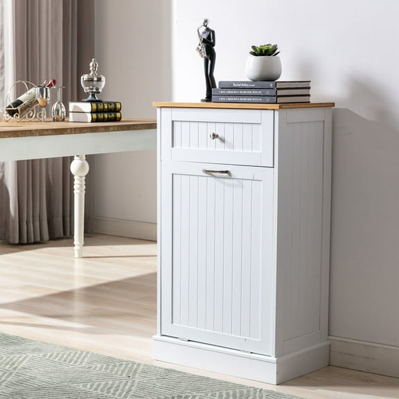 Yaoping Kitchen Trash Cabinet Tilt Out Free Standing Storage Can, Wood Garbage Recycling Station Hideaway Trash Holder Drawers(White-1)