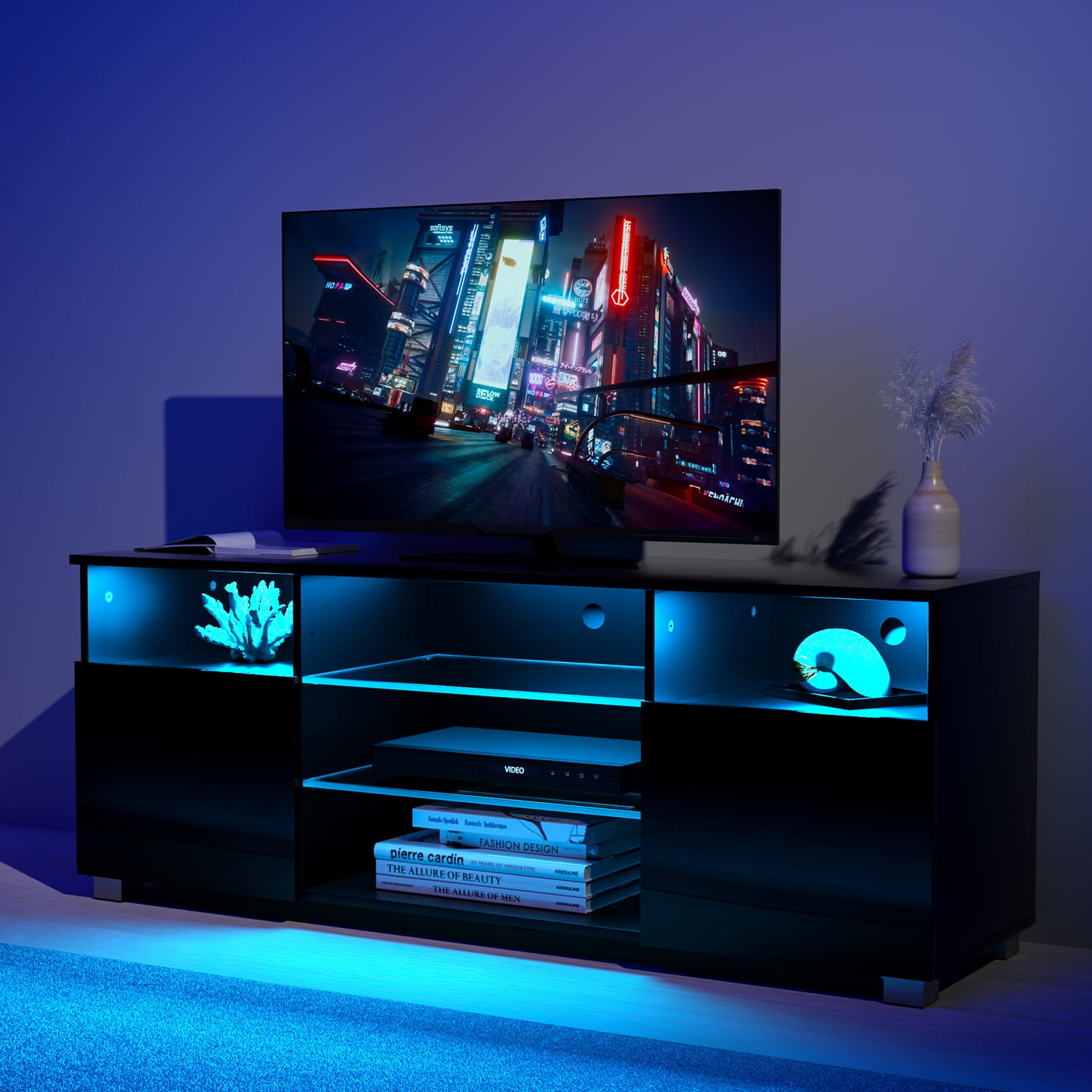 Yaoping LED TV Stand for TVs up to 55, High Glass Modern Entertainment  Center for Living Room Bedroom(Black-47 inch) 