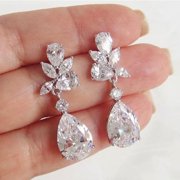 Yaoping Sweet Pear Drop Zircon Earrings for Women,Bridesmaids,Brides -Teardrop Crystal Rhinestones Cubic Zirconia Earrings Dangling(Silver)
