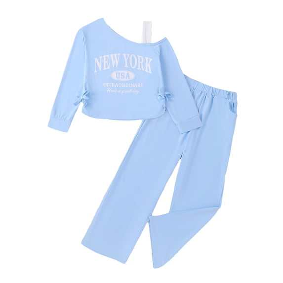 Yaoqi 11 Years Big Girl Outfit Set 12 Years Tween Girls Winter Clothes Long Sleeves One Shoulder Letter Top Wide Leg Pants 2pcs Clothing Blue