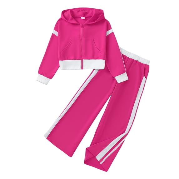 Yaoqi 11 Years Big Girl Outfit Set 12 Years Tween Girls Winter Clothes Long Sleeves Zipper Sweatshirt Hooded Coat Color Block Wide Leg Pants 2pcs Warm Clothing Pink