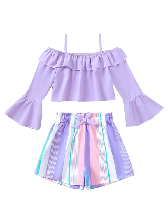 13 Years Big Girl Outfit Set 14 Years Teen Girls Clothes Ruffle Long Sleeves Off the Shoulder Top Bowknot Color Block Shorts 2pcs Clothing Purple