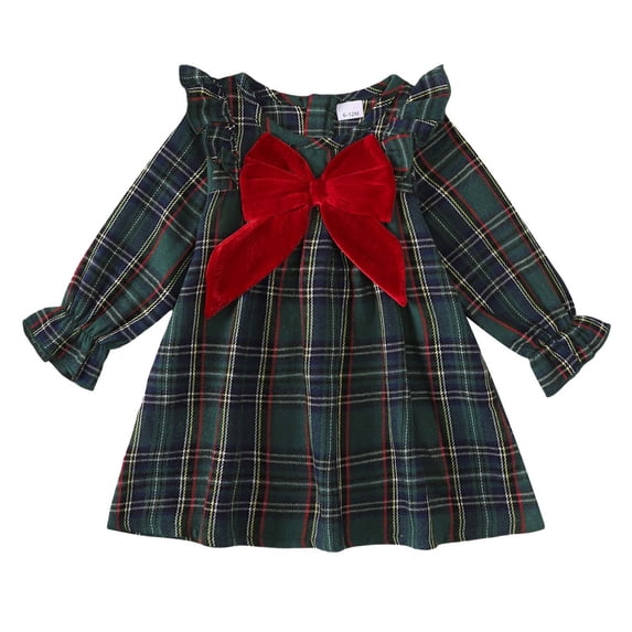 Yaoqi 18 Months Infant Baby Girl Dress 24 Months Girls Christmas Clothing Ruffle Long Sleeves Plaid A-line Dress Bowknot One-piece Clothes Green