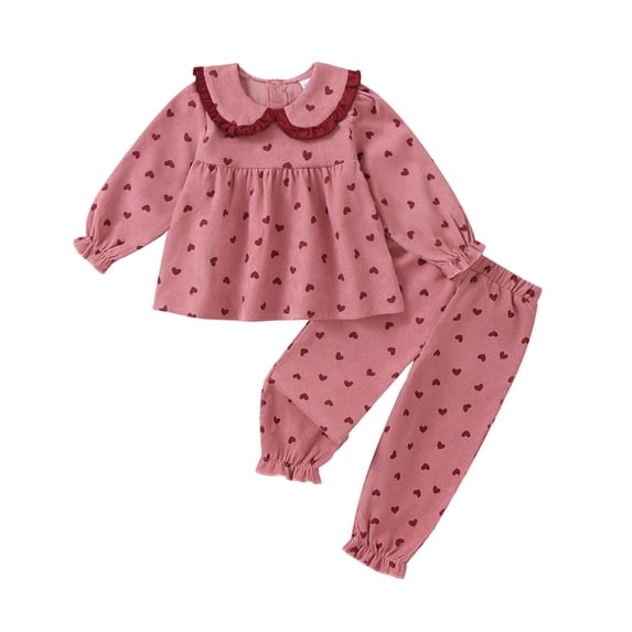 Yaoqi 18 Months Infant Baby Girl Outfit Set 24 Months Winter Clothes Peter Pan Collar Long Sleeves T-shirt T op Hearts Pants 2pcs Sweet Clothing Red
