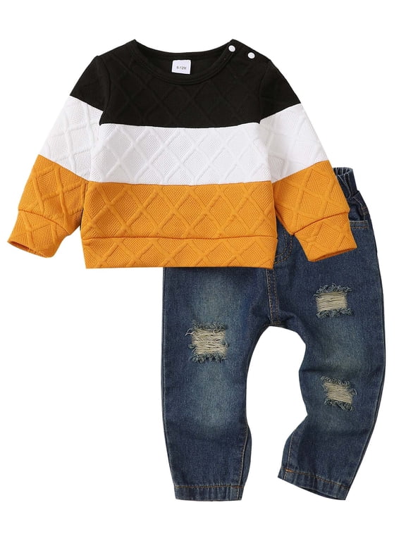 2T Toddler Boy Outfit Set 3T Child Boys Winter Clothes Long Sleeves Color Block Pullover Sweatshirt Top Ripped Denim Pants Jeans 2pcs Warm Clothing Yellow