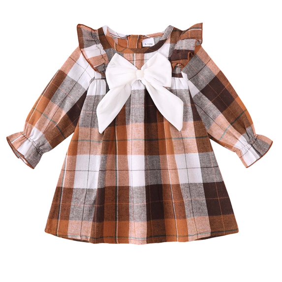 Yaoqi 2T Toddler Girl Dress 3T Child Girls Winter Clothing Ruffle Long Sleeves Plaid A-line Dress Bowknot One-piece Clothes Brown