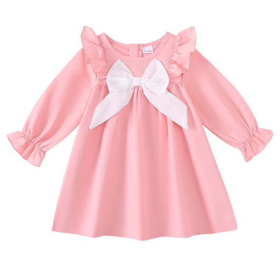 Yaoqi 2T Toddler Girl Dress 3T Child Girls Winter Clothing Ruffle Long Sleeves Solid Color A-line Dress Bowknot One-piece Clothes Pink