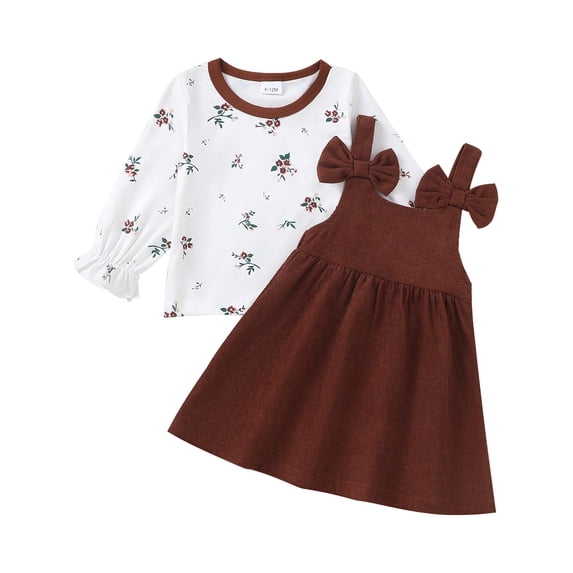 Yaoqi 2T Toddler Girl Outfit Set 3T Child Girls Clothing Long Sleeves Floral T-shirt Top Bowknot Suspender Dress 2pcs Skirt Set Brown